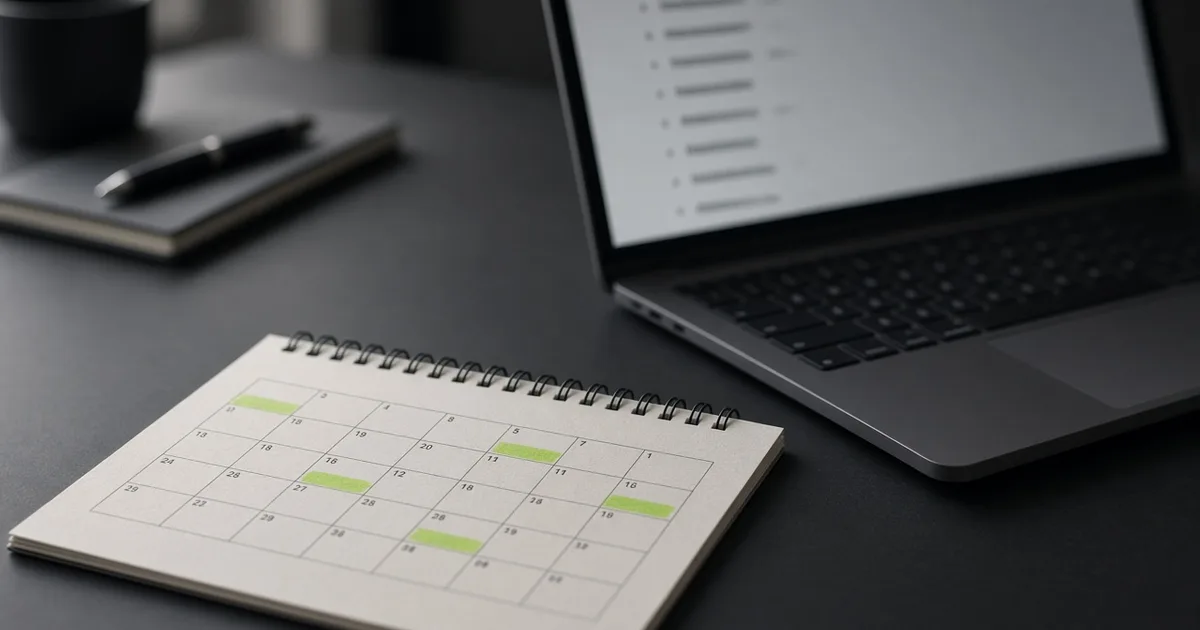 Calendario con fechas límite marcadas junto a un portátil que muestra una lista de dominios